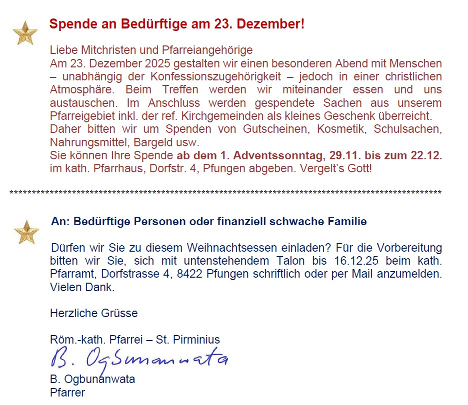 Einladung Kath. Kirche St. Pirminius Spenden und Weihnachtsessen